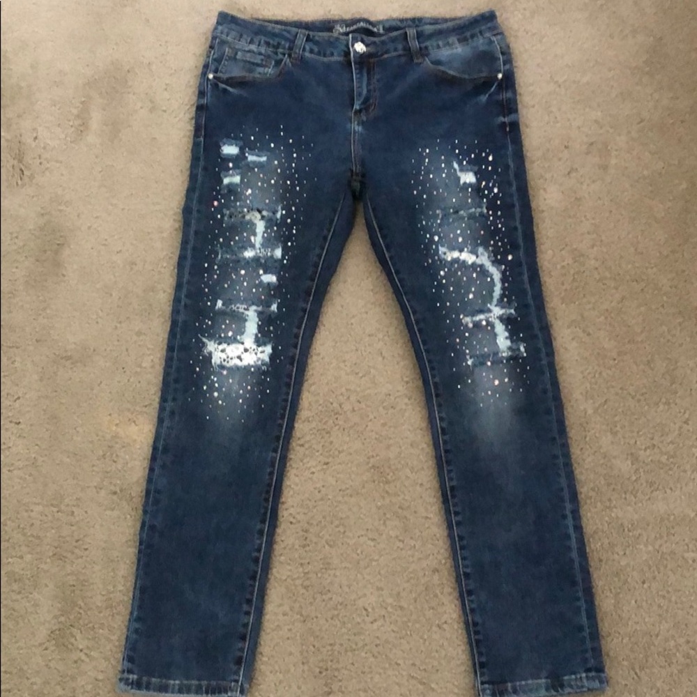 EUC 13/14 distressed jeans studs/lace Farfallina